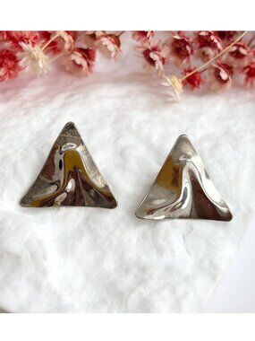Modernist Triangular Shaped Silver Toned Wavy Vintage Post Back Stud Earrings